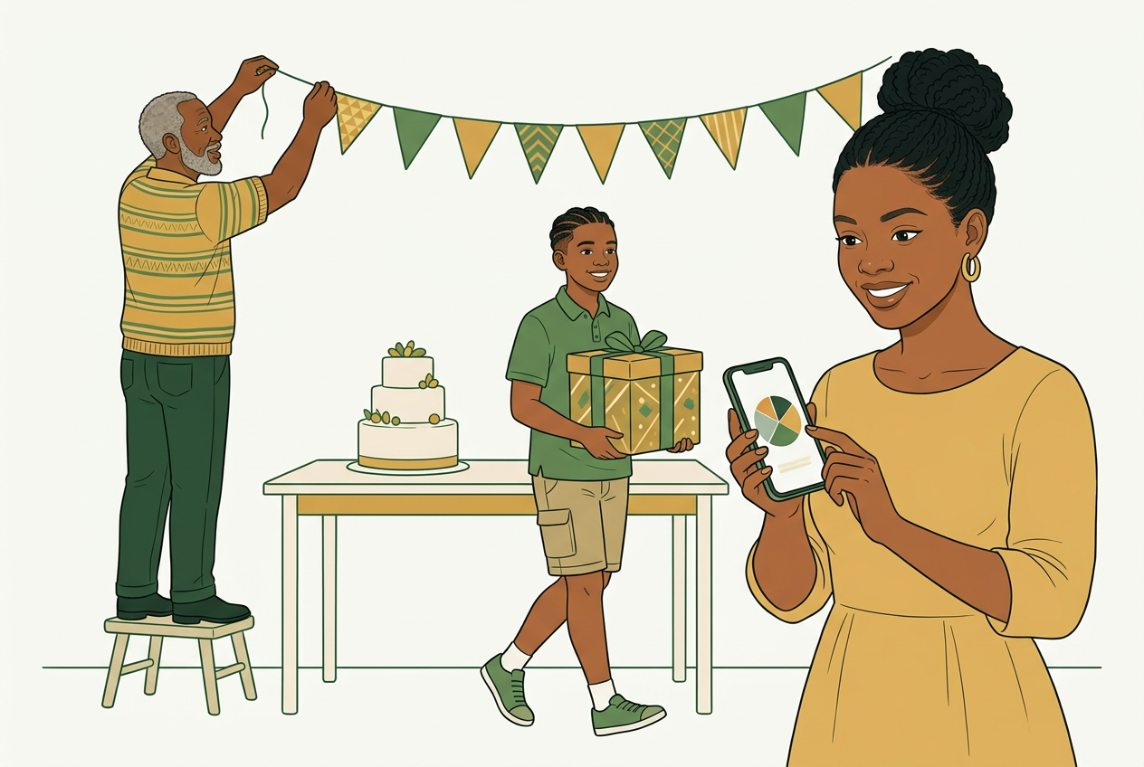 A family preparing a celebration with bunting, a cake and a gift, while a young woman checks a budget split on her phone